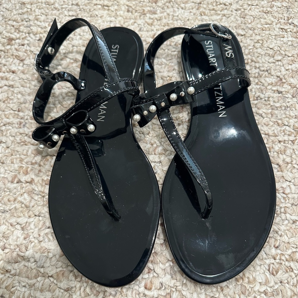 Stuart Weitzman Pearl Studded Bow Jelly Thong sz 8, black (color on SW: black).